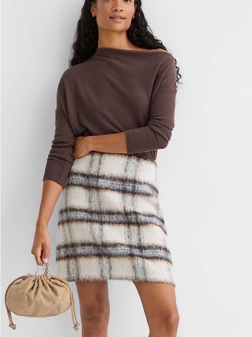 Loft - Plaid Fuzzy A-Line Mini Skirt in Cream and Brown